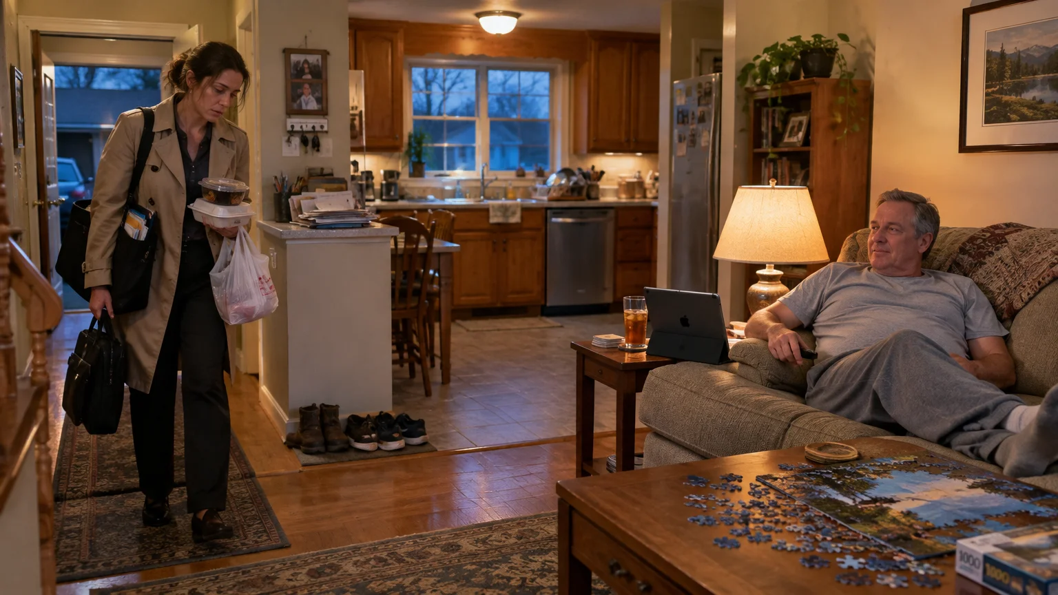 A woman carries takeout bags and briefcases into a house while a man relaxes on the sofa with a tablet and puzzle.