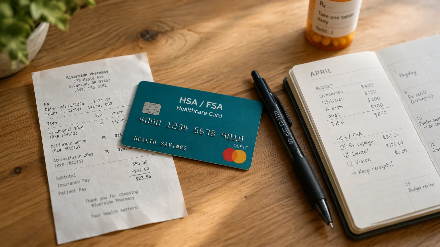 Teal HSA/FSA debit card next to a pharmacy receipt, a pen, an open budget planner, and a pill bottle on a wooden desk.