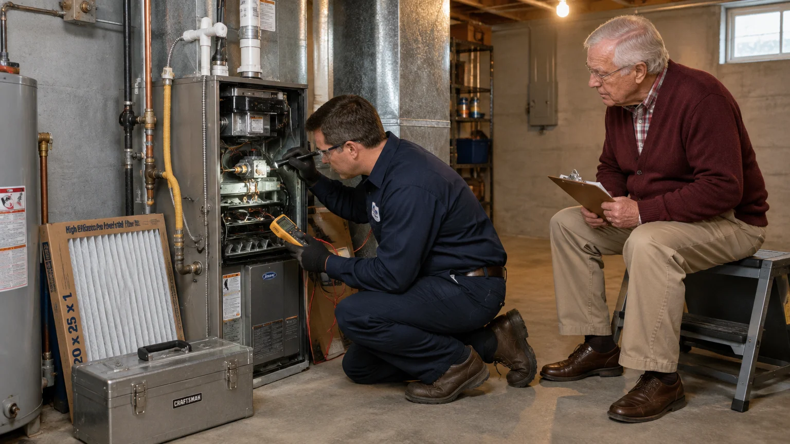 A technician kneels to inspect an open furnace with a flashlight while an older man with a clipboard looks on.
