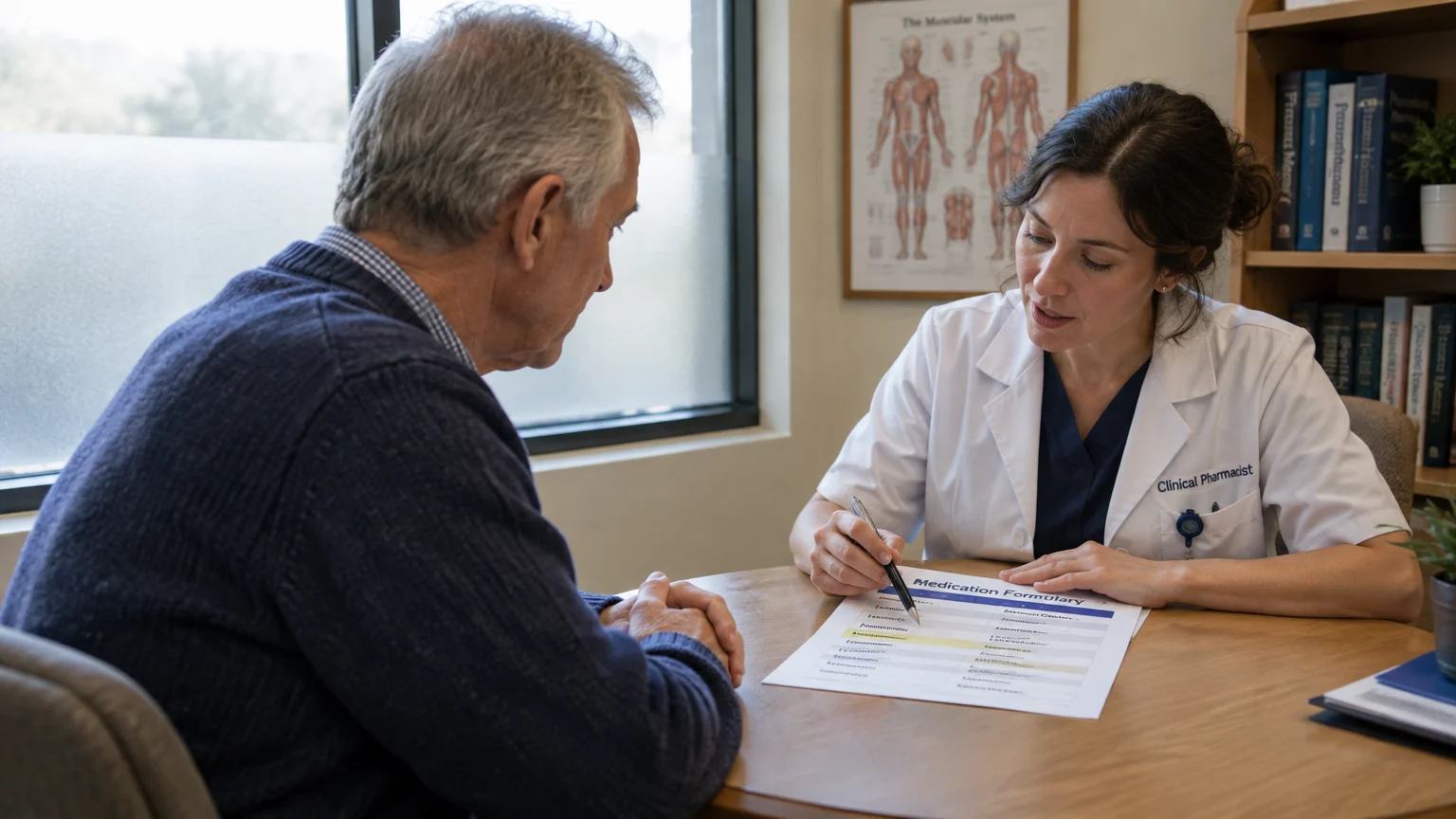 A female clinical pharmacist reviews a medication formulary sheet with a seated senior male patient at a wooden table.