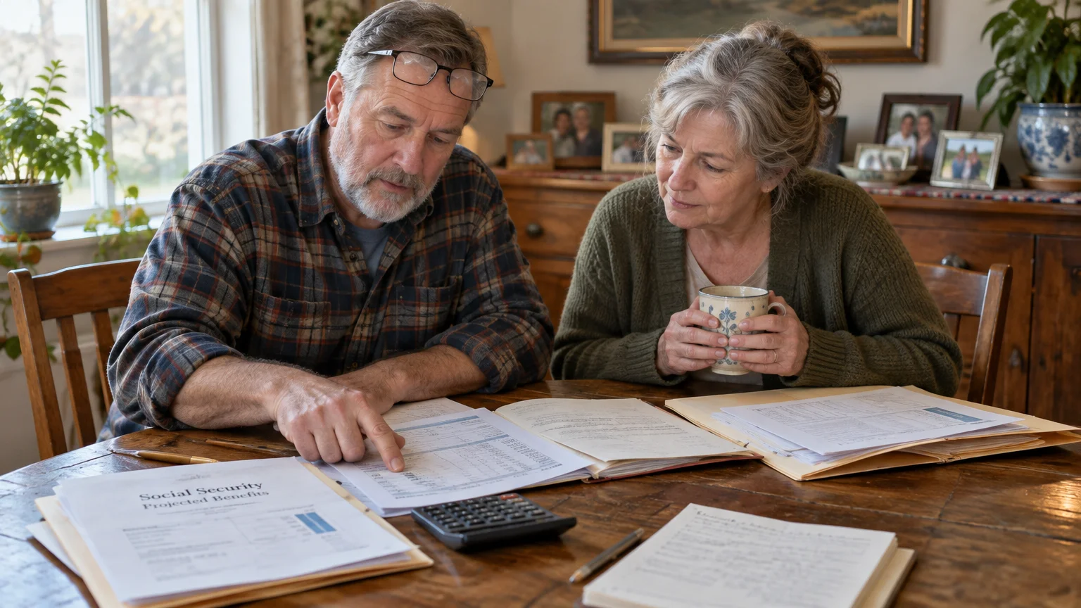 Senior couple sitting at a wooden table reviewing paperwork, a calculator, and Social Security projected benefits forms.
