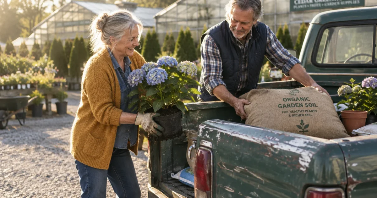 A smiling older couple loads potted hydrangeas and a burlap sack of organic garden soil into a green pickup truck bed.