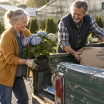 A smiling older couple loads potted hydrangeas and a burlap sack of organic garden soil into a green pickup truck bed.