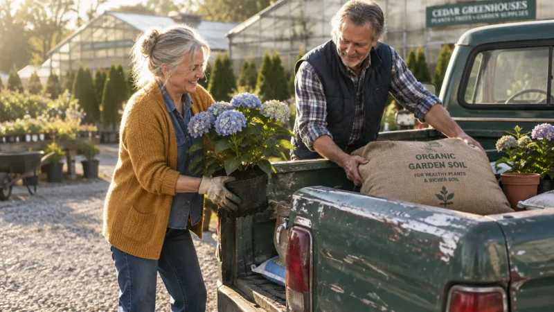 A smiling older couple loads potted hydrangeas and a burlap sack of organic garden soil into a green pickup truck bed.