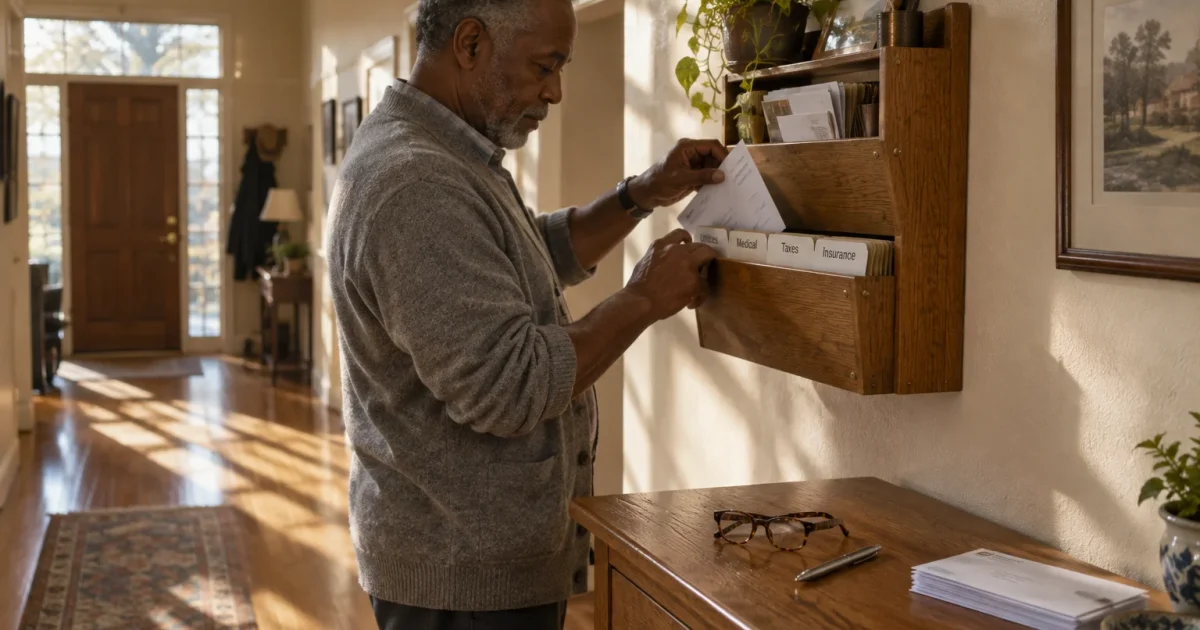 An older man sorts mail into a wooden wall organizer labeled with utilities, medical, taxes, and insurance folders.