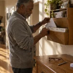An older man sorts mail into a wooden wall organizer labeled with utilities, medical, taxes, and insurance folders.