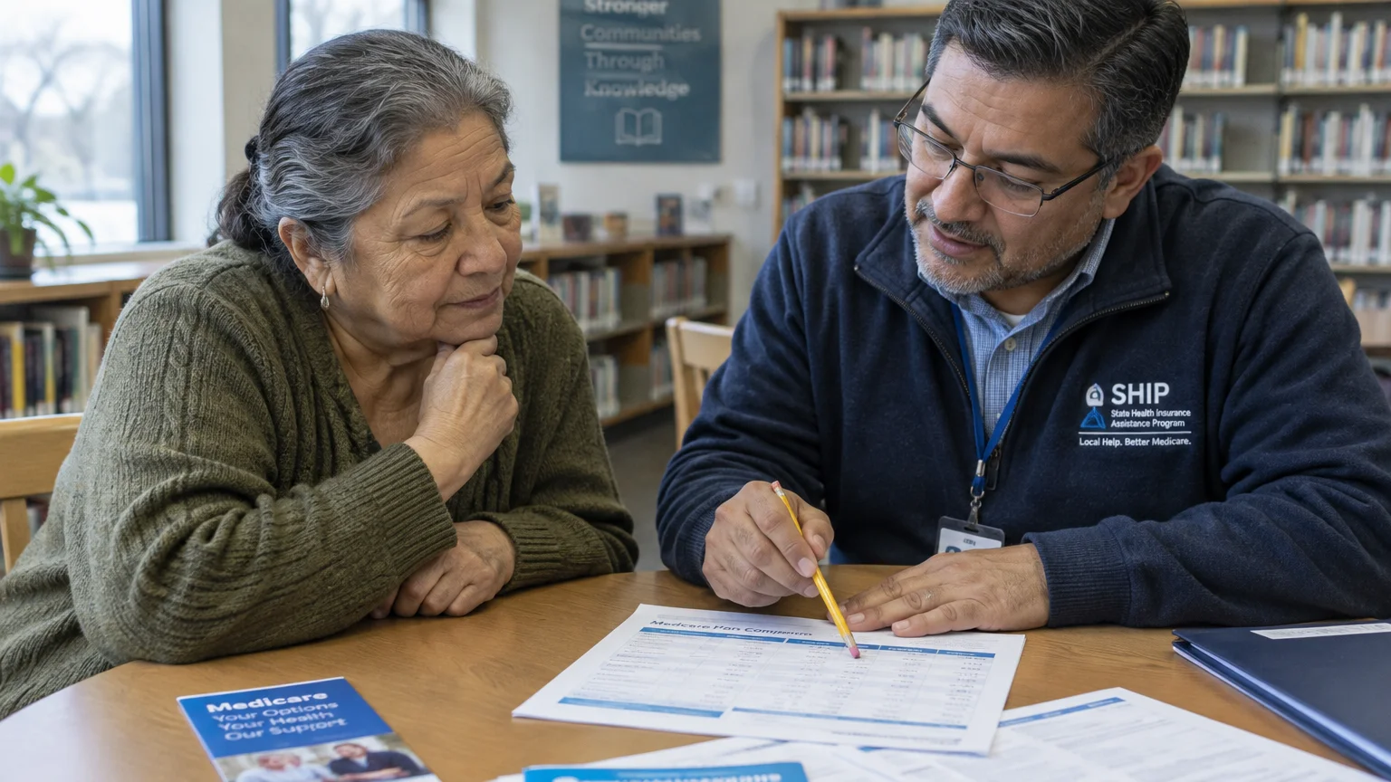 A SHIP counselor reviews a Medicare comparison document with an older woman at a table in a library.