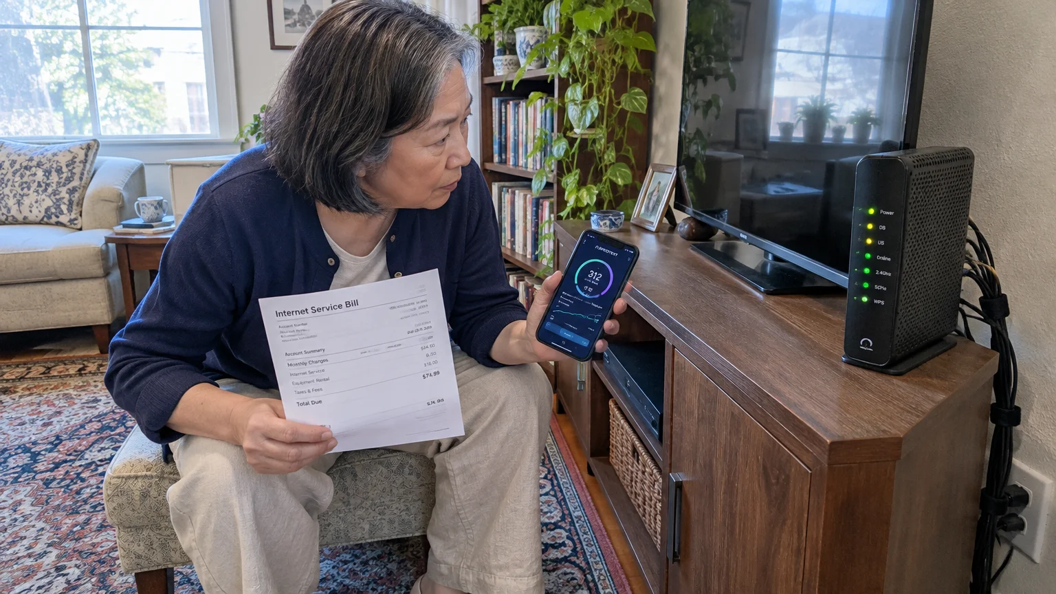 A woman sitting in a living room holds an internet bill and a smartphone showing a speed test near a router.