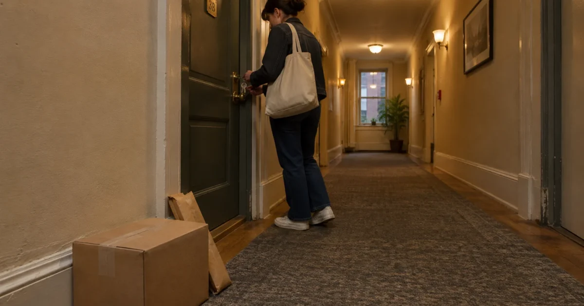 Woman unlocks an apartment door in a carpeted hallway with delivered cardboard packages sitting on the floor.