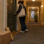 Woman unlocks an apartment door in a carpeted hallway with delivered cardboard packages sitting on the floor.