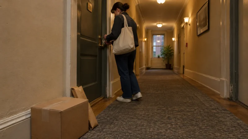 Woman unlocks an apartment door in a carpeted hallway with delivered cardboard packages sitting on the floor.