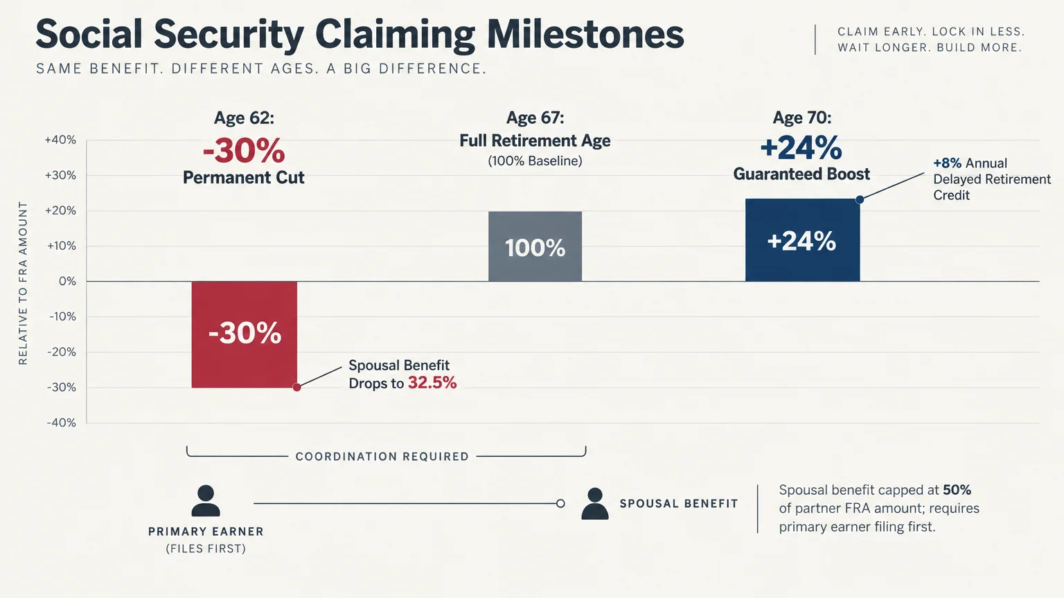 Bar chart comparing Social Security claiming milestones showing -30% at age 62, 100% at age 67, and +24% at age 70.