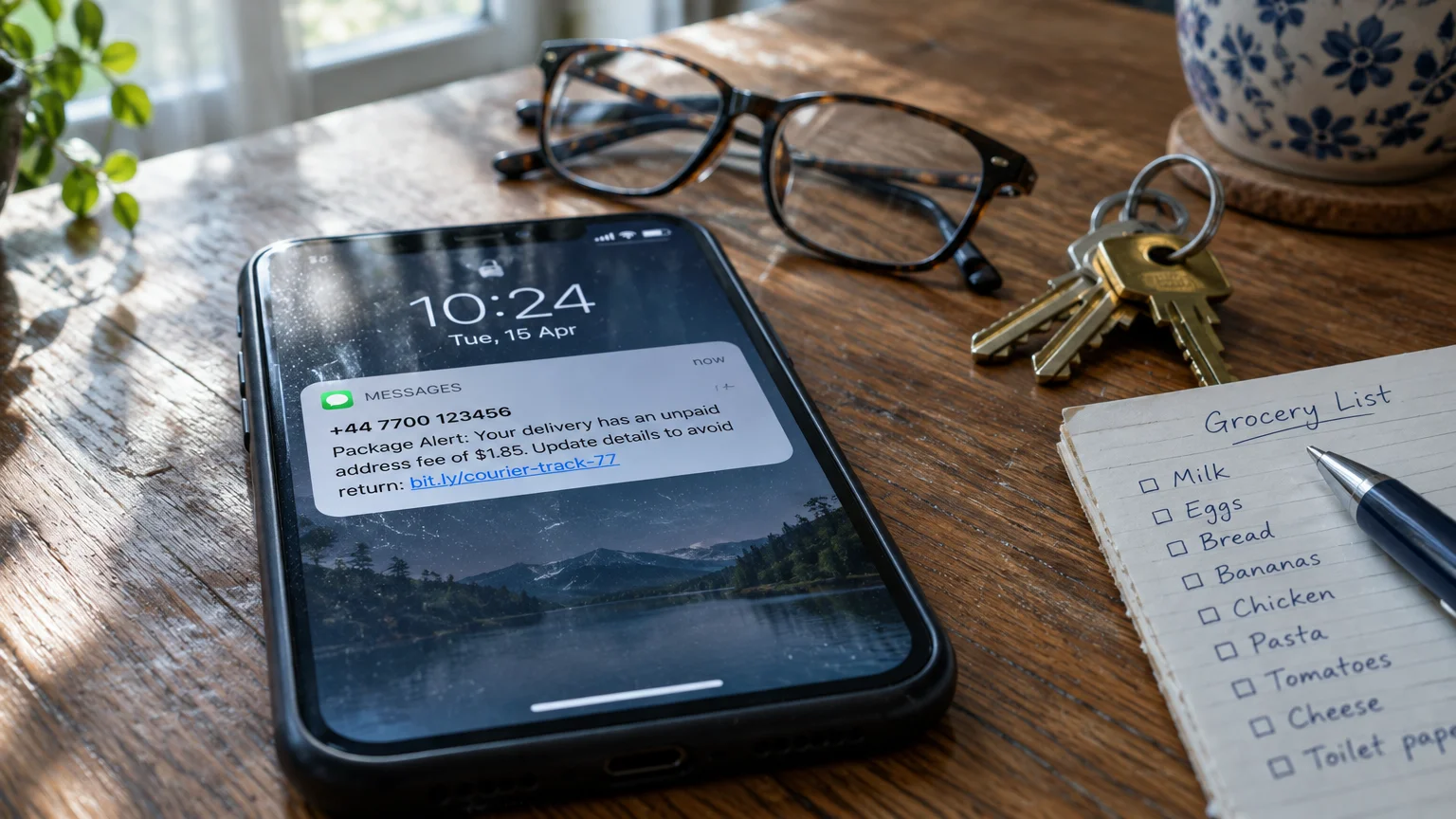 A smartphone on a wooden desk displays a fraudulent package delivery text alert beside eyeglasses, keys, and a grocery list.