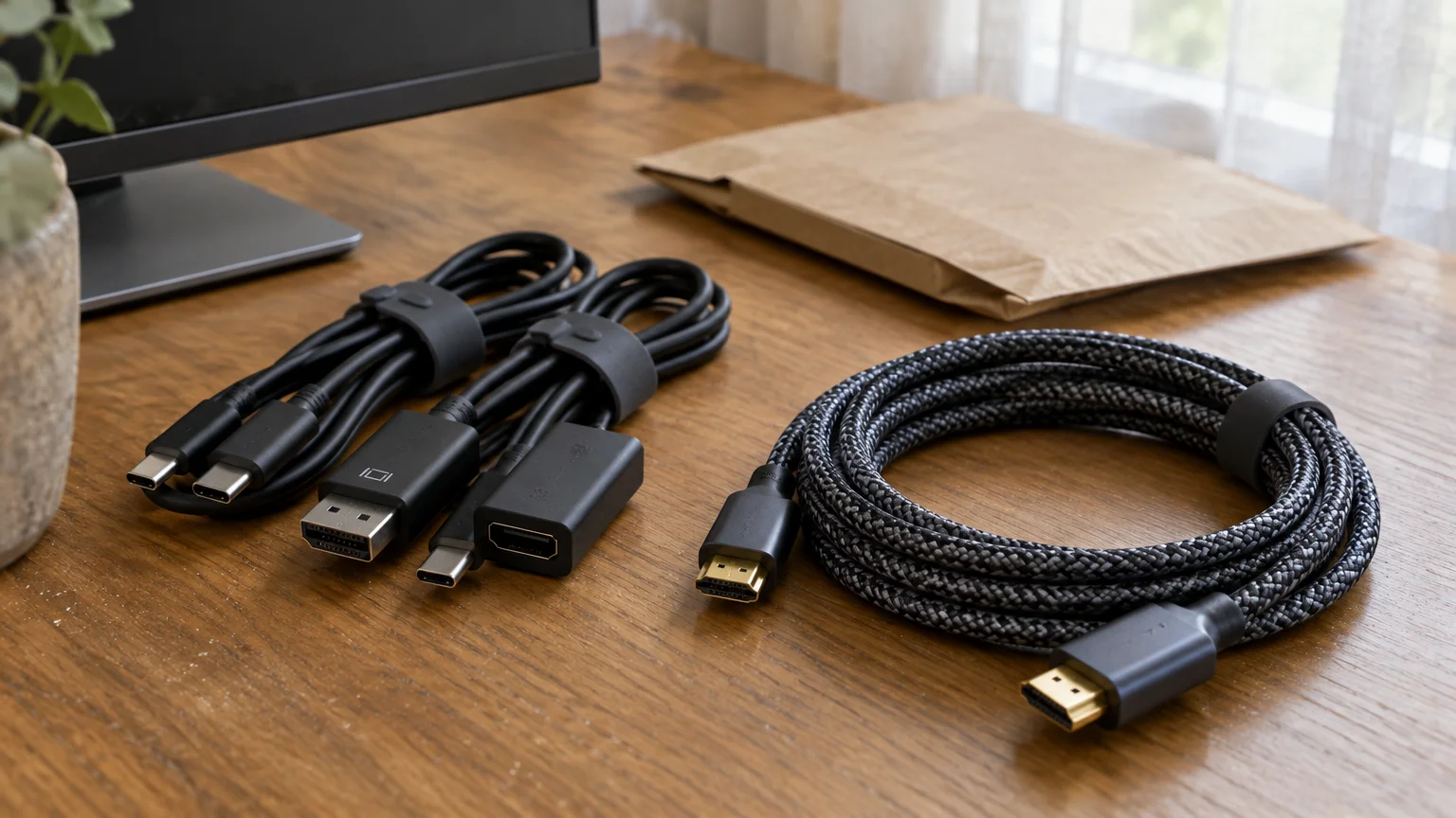 Coiled computer cables, adapters, and a braided HDMI cord resting on a wooden desk next to a padded mailer.