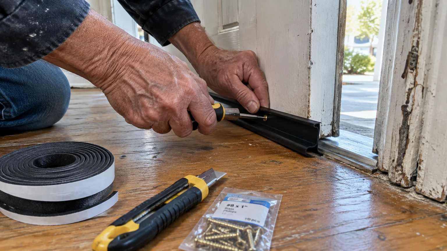 A person screws a black door sweep into the bottom of an exterior door beside weatherstripping and a utility knife.