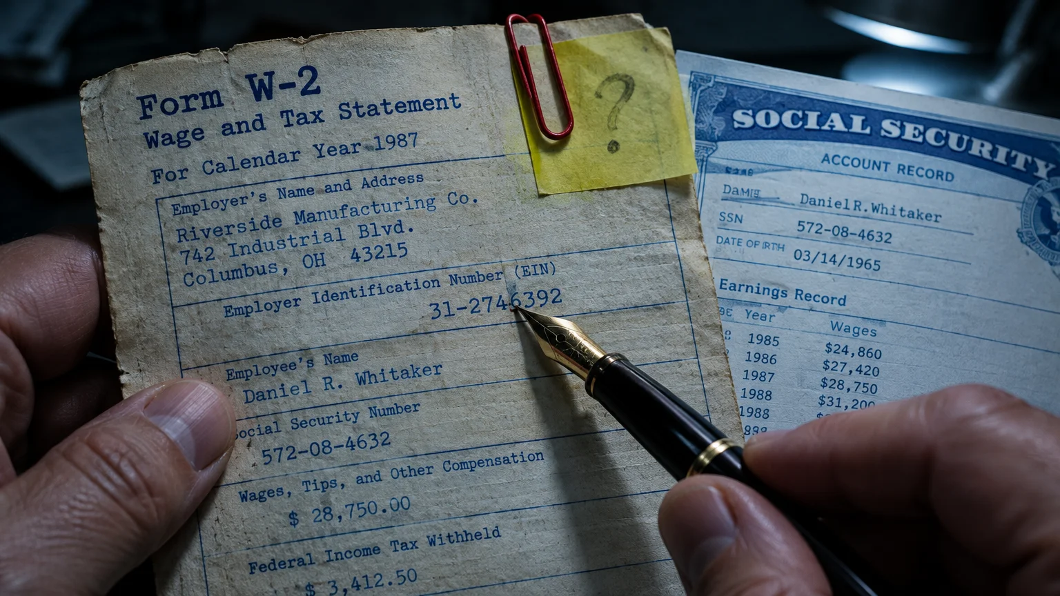 Hands hold a 1987 W-2 tax statement and a Social Security account record while pointing a fountain pen at the form.