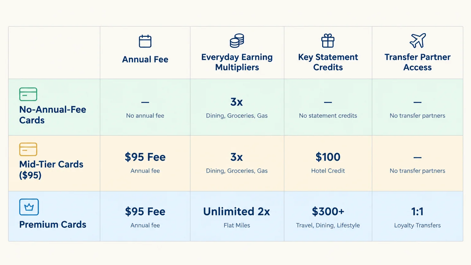 Comparison table showing annual fees, earning multipliers, statement credits, and transfer partner access across card tiers.
