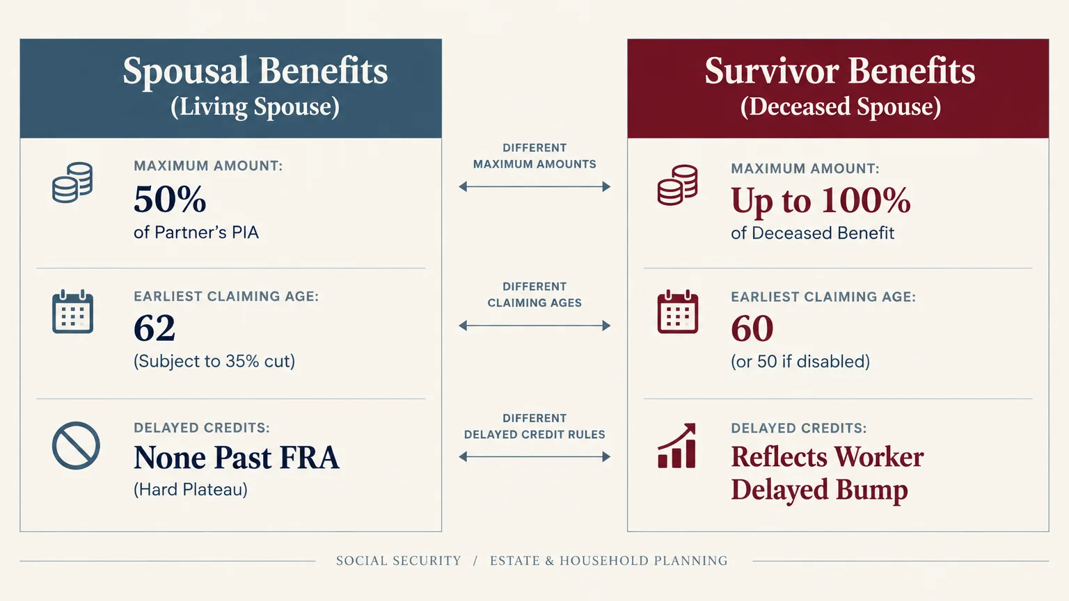 Comparison chart contrasting rules for spousal benefits and survivor benefits across maximum amounts, claiming age, and credits.