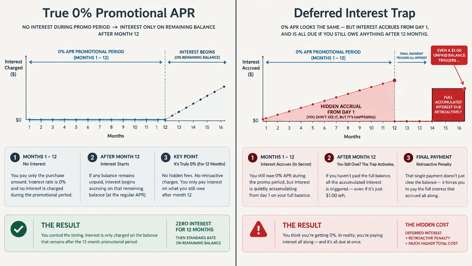 Side-by-side comparison charts showing true 0% promotional APR versus a deferred interest trap with hidden accrual.