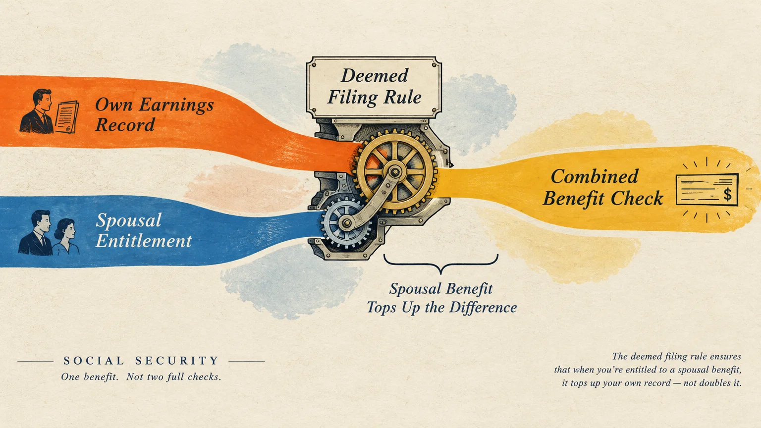 Two streams representing earnings and spousal benefits merge through mechanical gears into a single combined check.