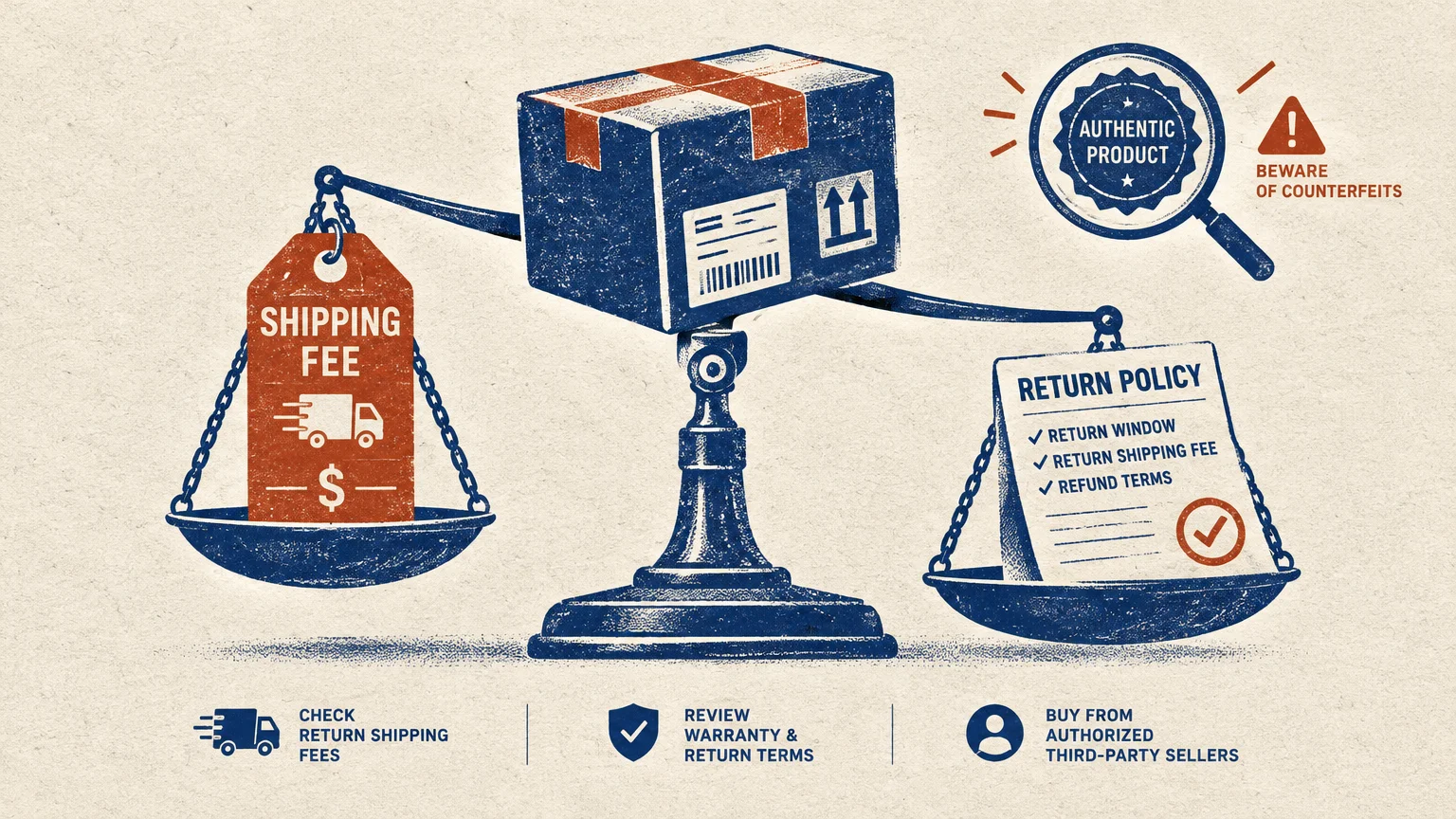 Illustration of a balance scale holding a shipping fee tag and return policy document beneath a delivery box.