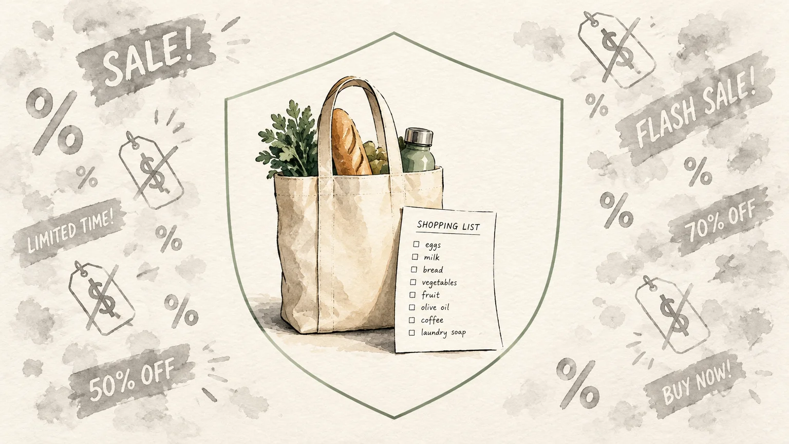 Illustration of a grocery tote and shopping list inside a shield outline, surrounded by sale banners and price tags.