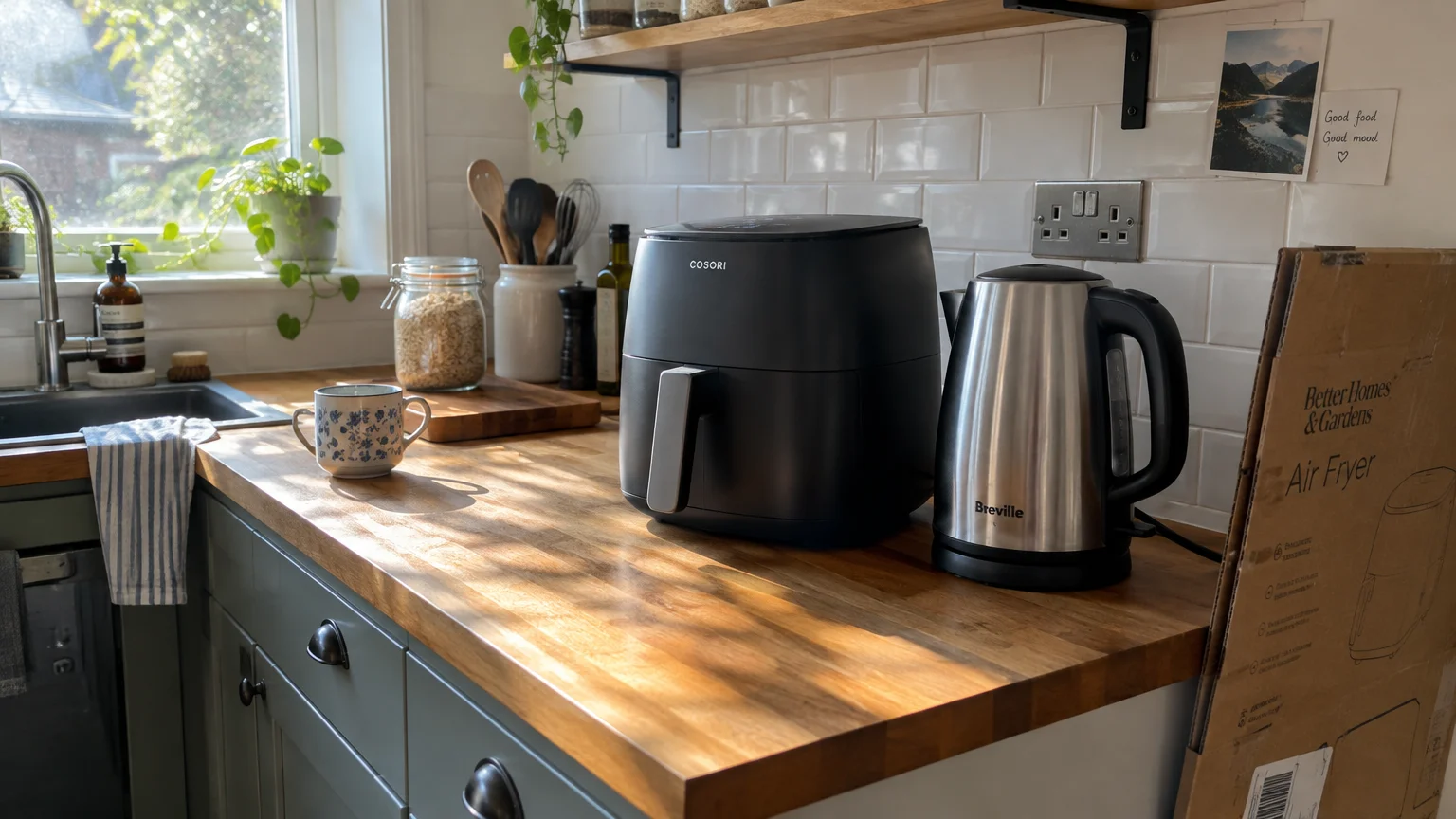 A black Cosori air fryer and a stainless steel Breville electric kettle sitting on a wooden kitchen countertop.