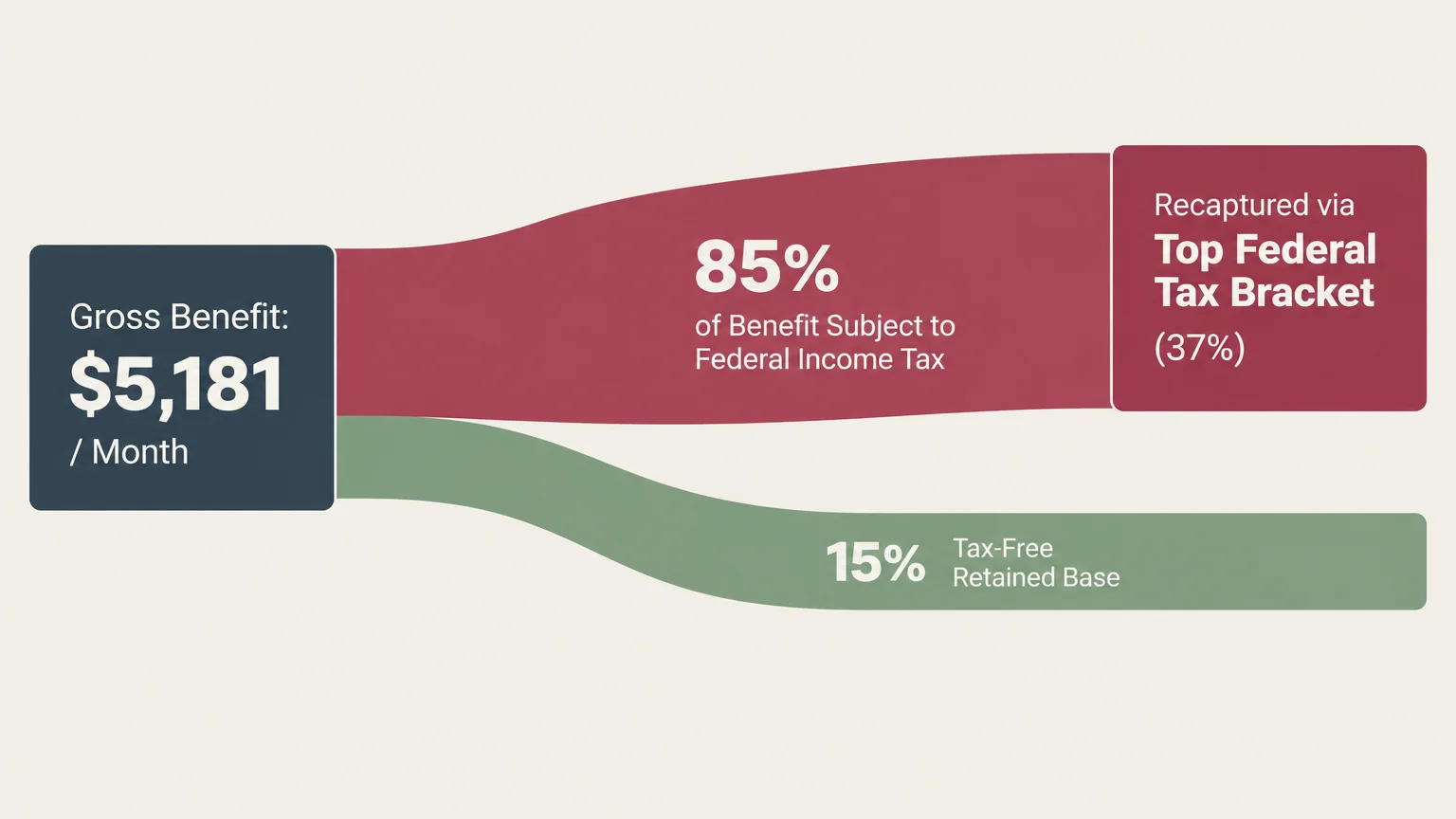 Flow diagram splitting a $5,181 gross benefit into 85% subject to federal income tax and 15% tax-free retained base.