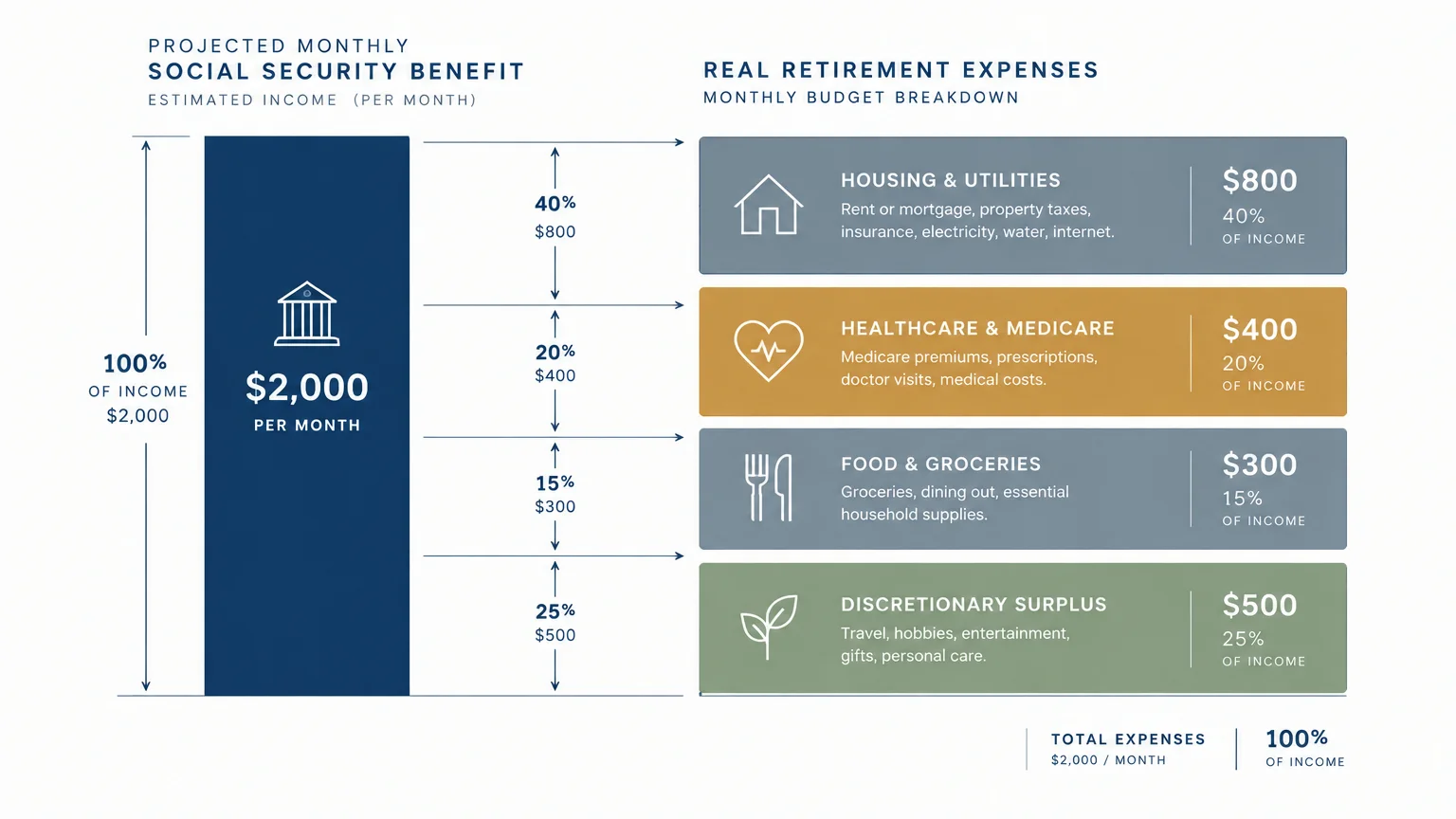 Diagram comparing a $2,000 monthly benefit against retirement expenses for housing, healthcare, food, and surplus.