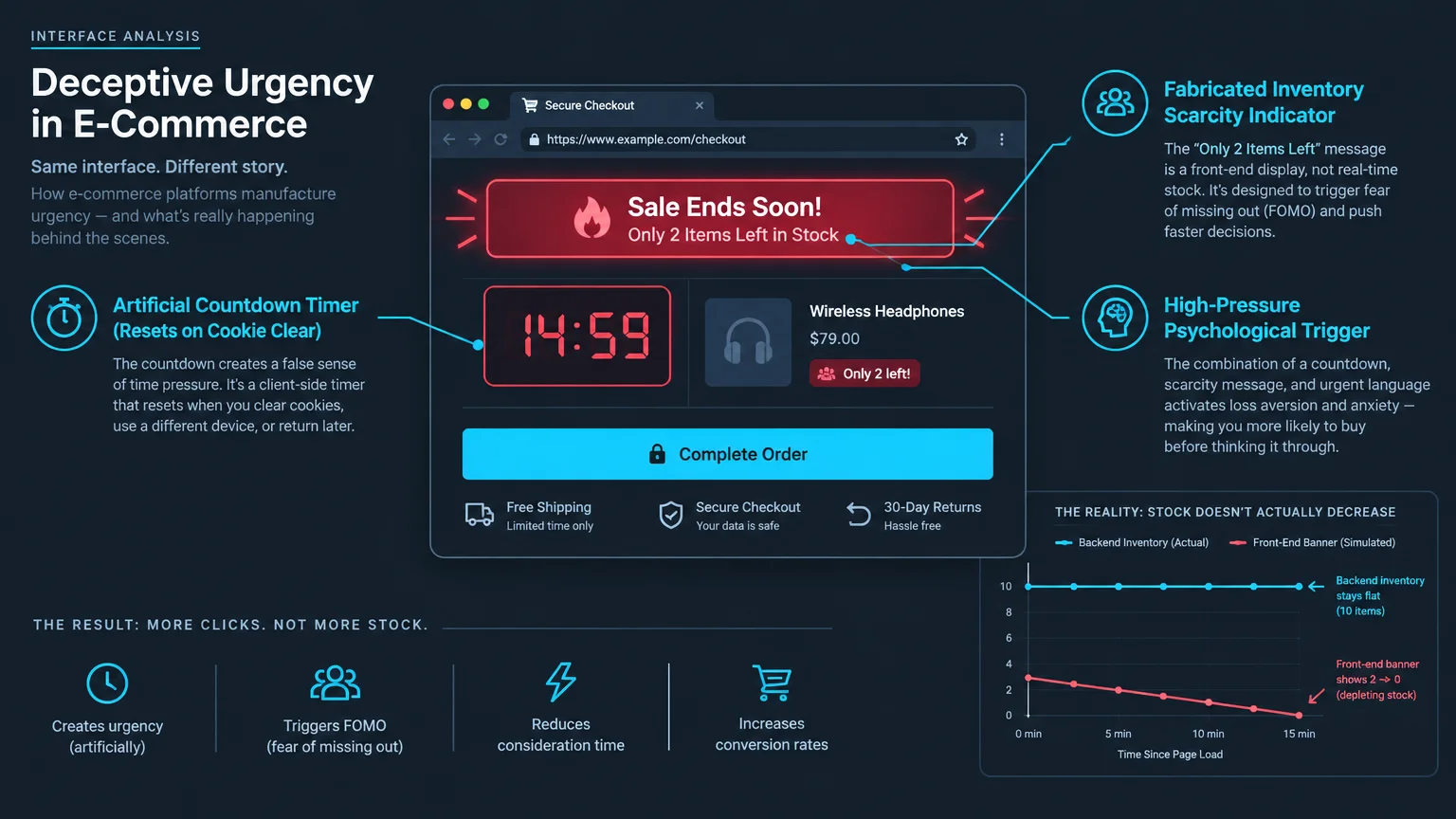 Interface diagram illustrating deceptive e-commerce tactics including countdown timers, scarcity badges, and backend inventory graphs.