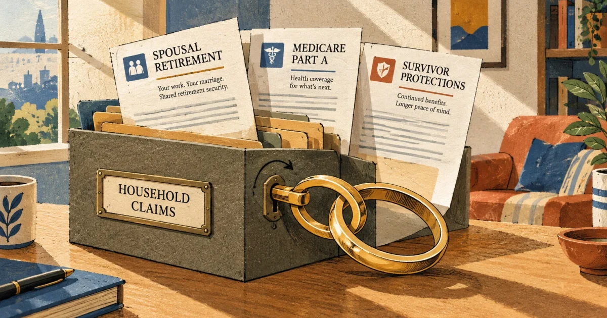 Illustration of two interlocking gold wedding rings acting as a key unlocking a file box labeled household claims.