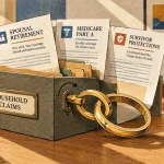Illustration of two interlocking gold wedding rings acting as a key unlocking a file box labeled household claims.
