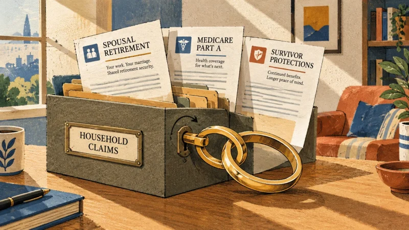 Illustration of two interlocking gold wedding rings acting as a key unlocking a file box labeled household claims.