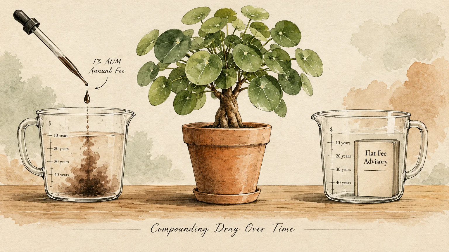 Potted plant between two beakers, one receiving drops from a pipette and the other containing a small book.