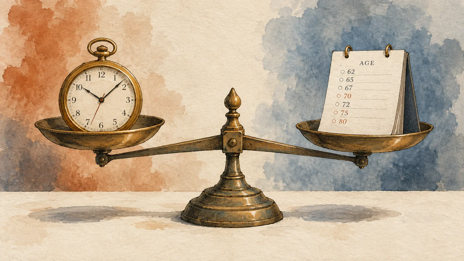 A brass scale balancing a pocket watch on the left and a calendar listing ages from 62 to 80 on the right.