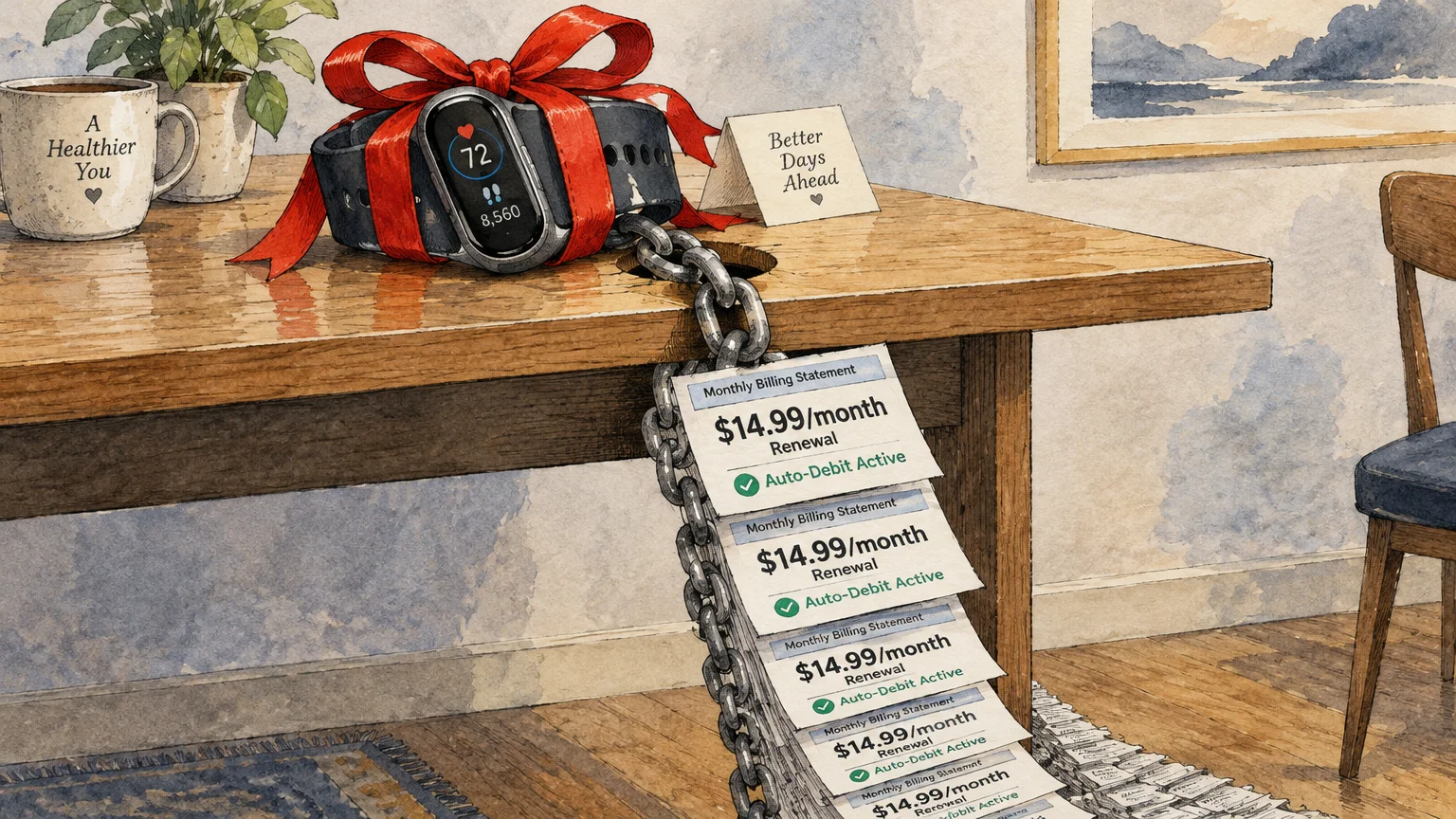 Illustration of a fitness tracker gift tied to a metal chain of monthly billing statements feeding through a hole in a desk.
