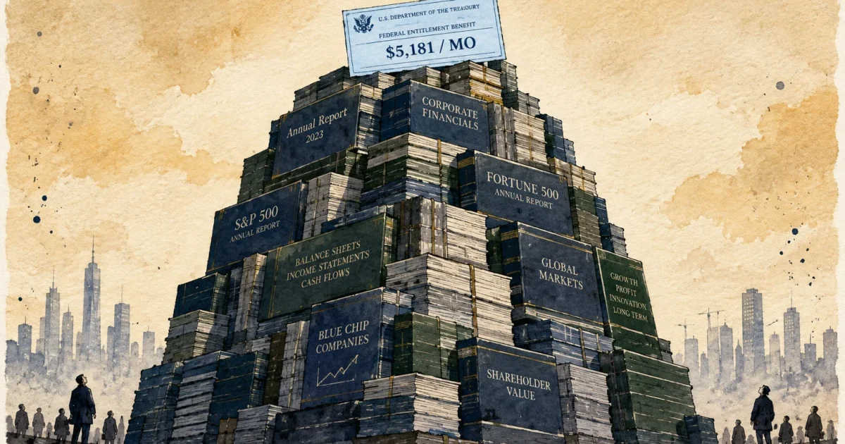 Pyramid of corporate ledgers and financial reports topped with a Treasury benefit check for $5,181 per month.