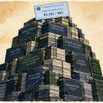 Pyramid of corporate ledgers and financial reports topped with a Treasury benefit check for $5,181 per month.