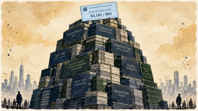 Pyramid of corporate ledgers and financial reports topped with a Treasury benefit check for $5,181 per month.