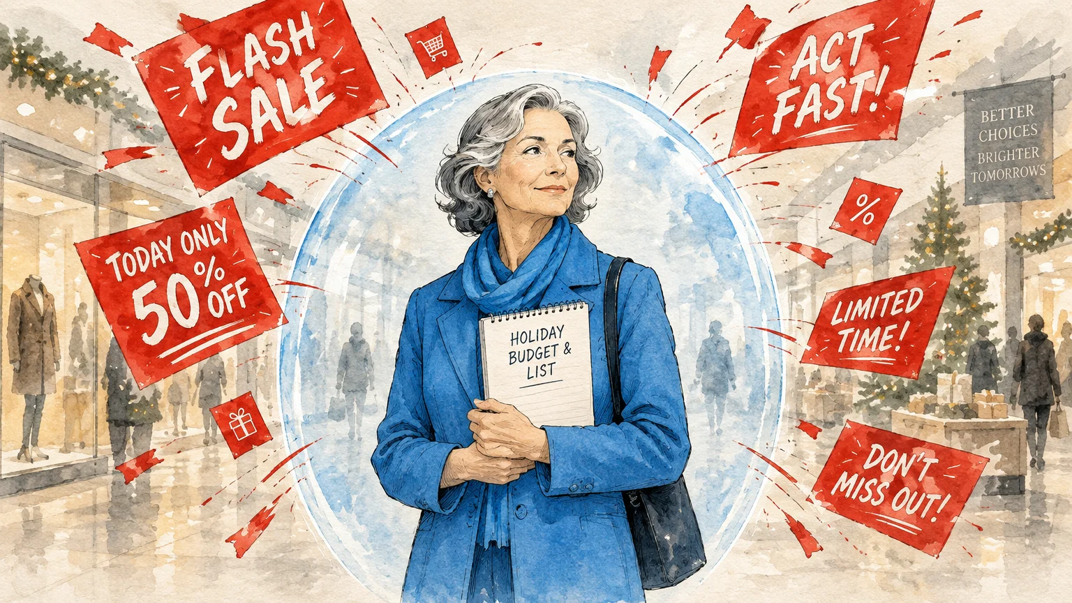 Illustration of a woman in a mall holding a holiday budget notepad inside a protective bubble amid sale signs.
