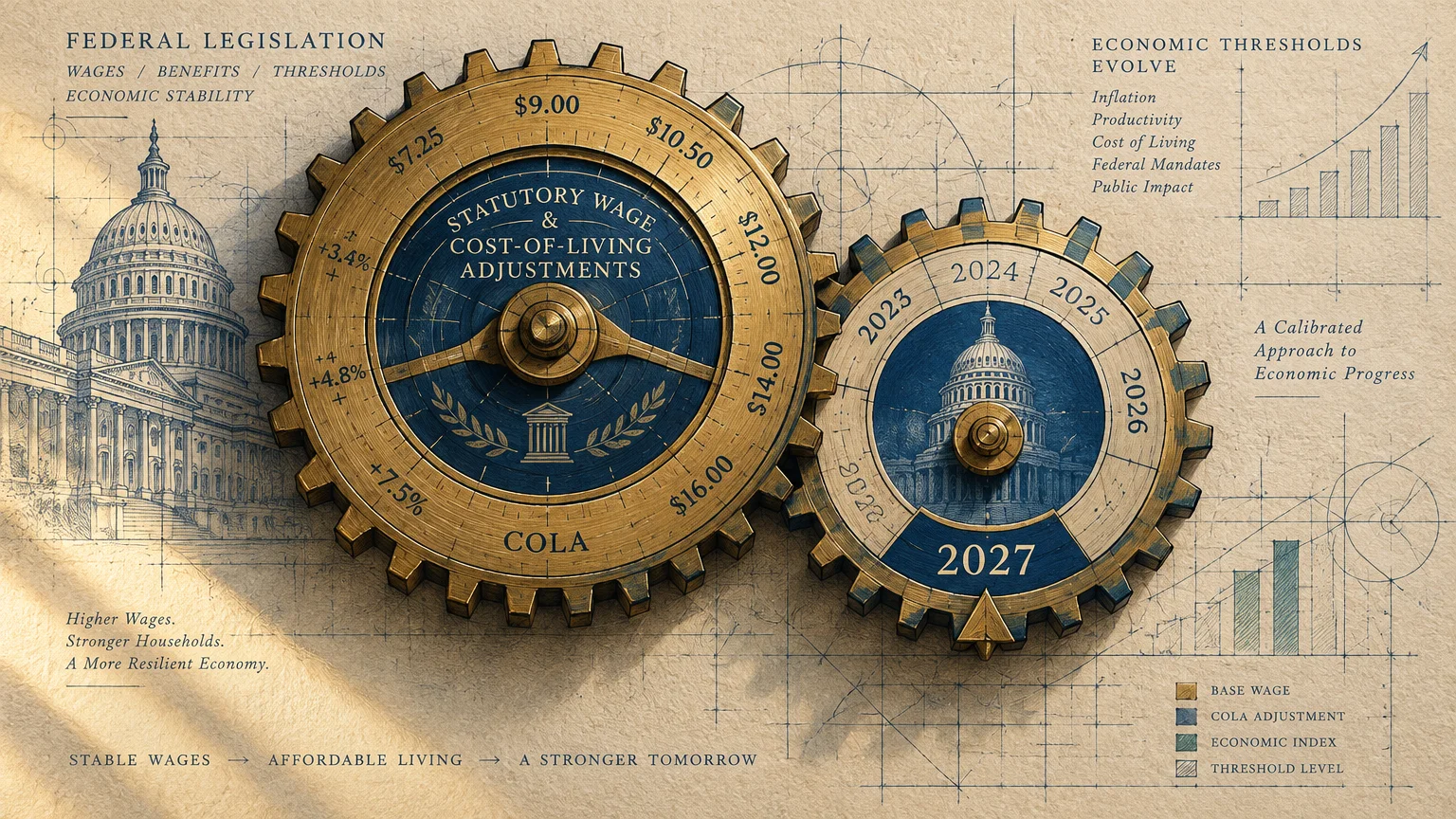 Illustration of golden gears labeled with wage adjustments and years beside blueprint sketches of the U.S. Capitol dome.