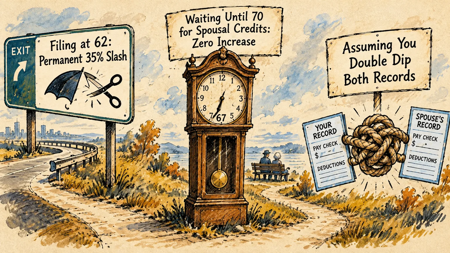 Illustration of road signs about filing at 62, a grandfather clock set to 67, and documents tangled in a rope knot.