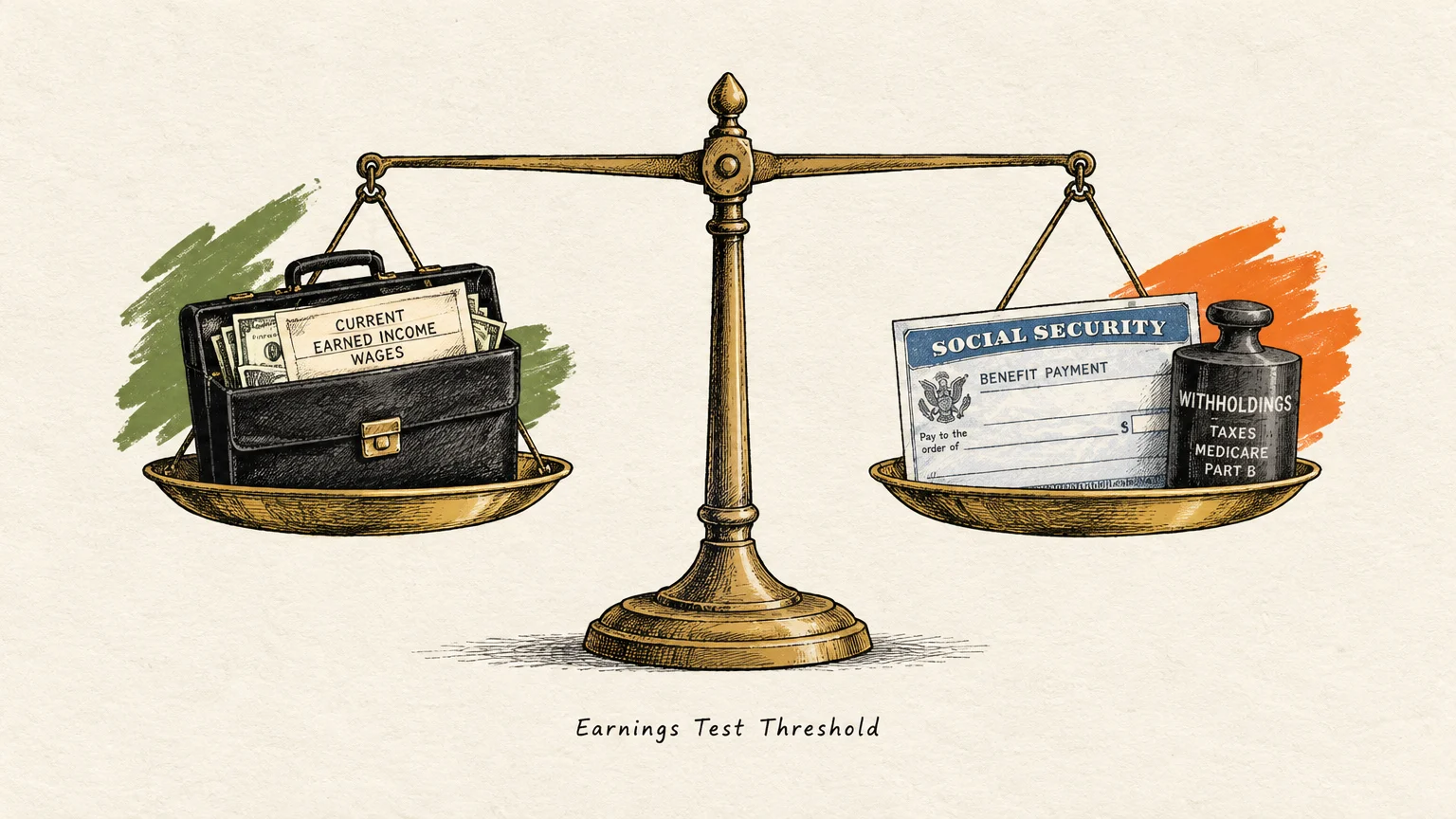 A brass balance scale weighing a briefcase of cash against a Social Security benefit check and a withholding weight.