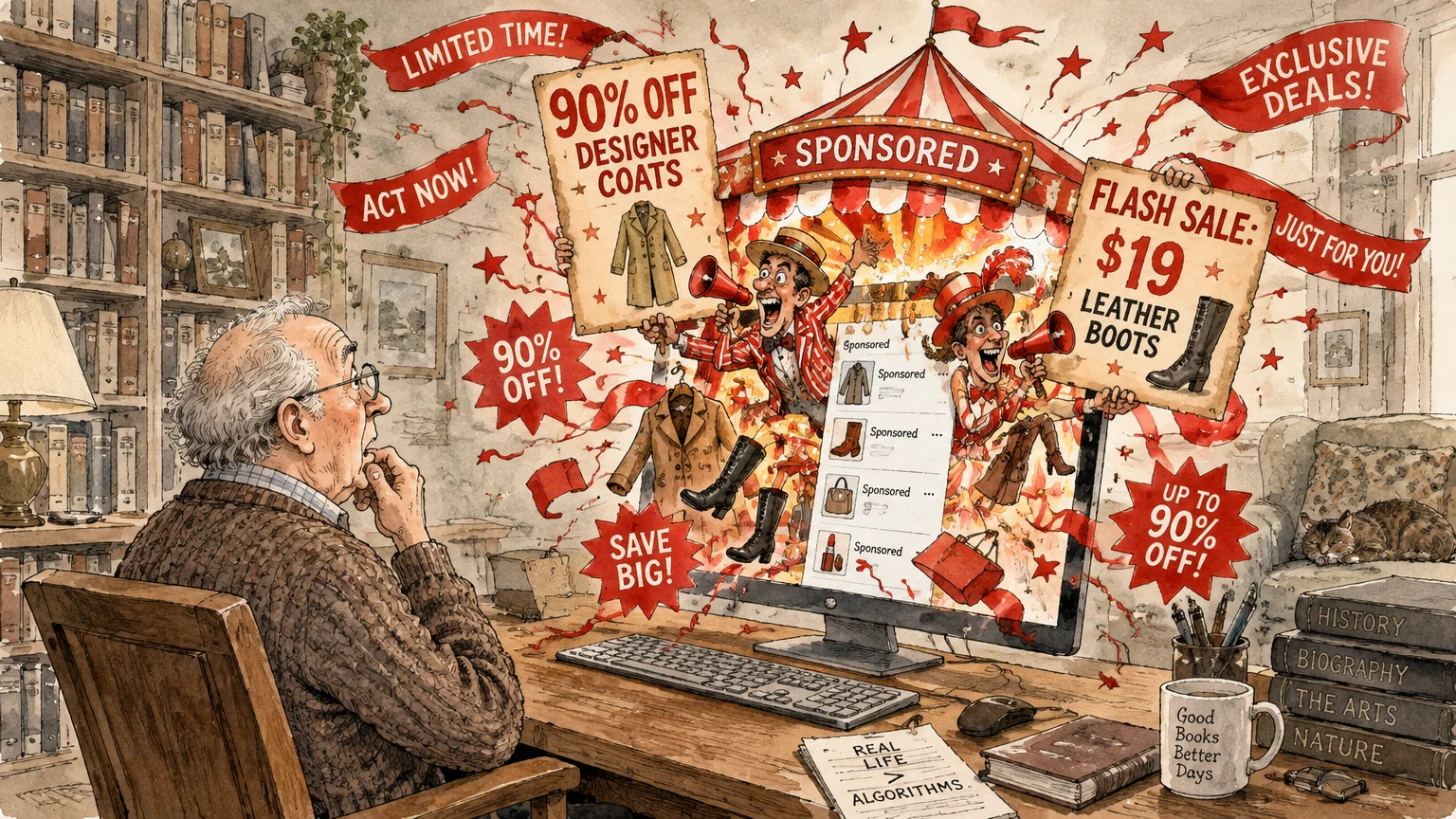 An elderly man at a desk watches a carnival-like barrage of flashy sponsored discount ads bursting from his computer screen.