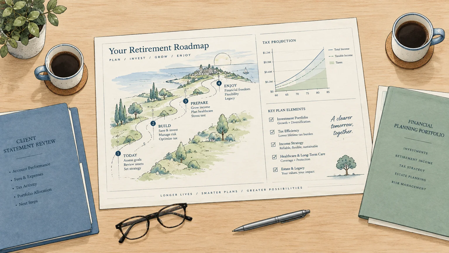Illustrated retirement roadmap document on a desk beside folders, coffee cups, glasses, and a pen.