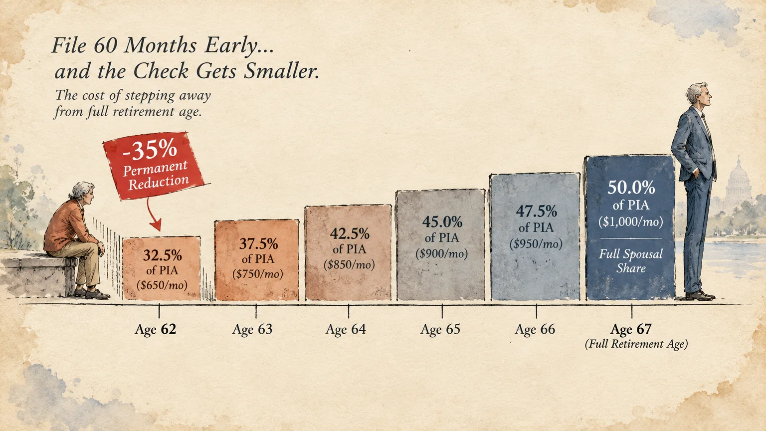 Illustration of a bar chart showing spousal benefit reductions from age 67 down to age 62 with two figures.