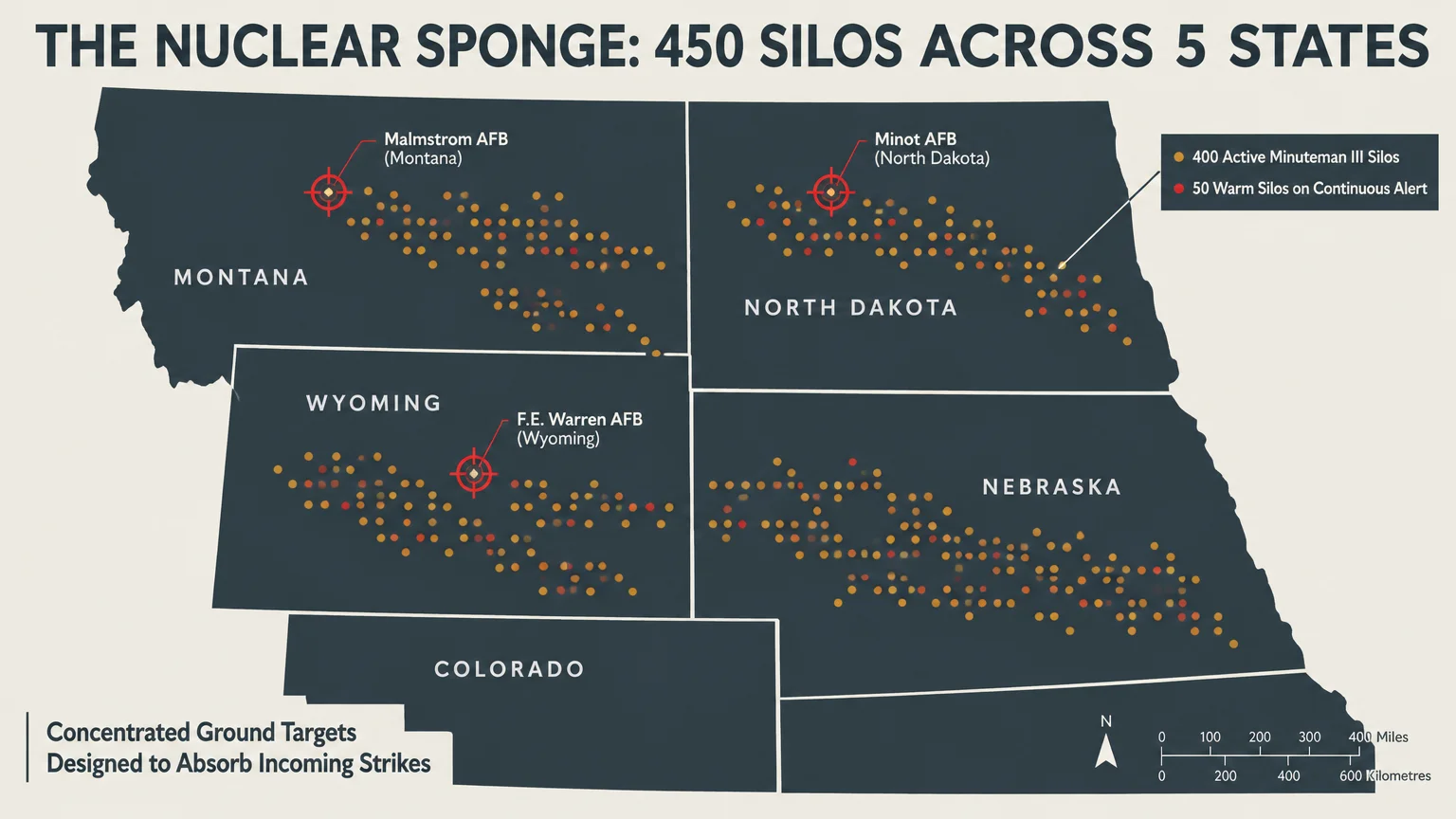 Map showing 450 missile silos clustered across Montana, North Dakota, Wyoming, Nebraska, and Colorado.