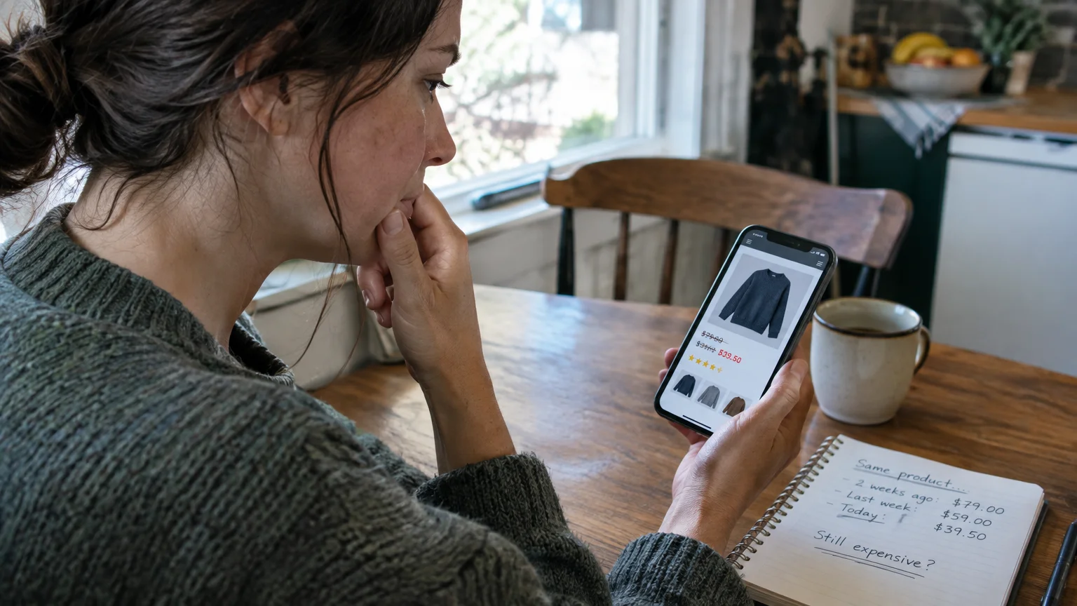 A woman looks at a discounted sweater on her phone beside handwritten notes tracking previous prices.