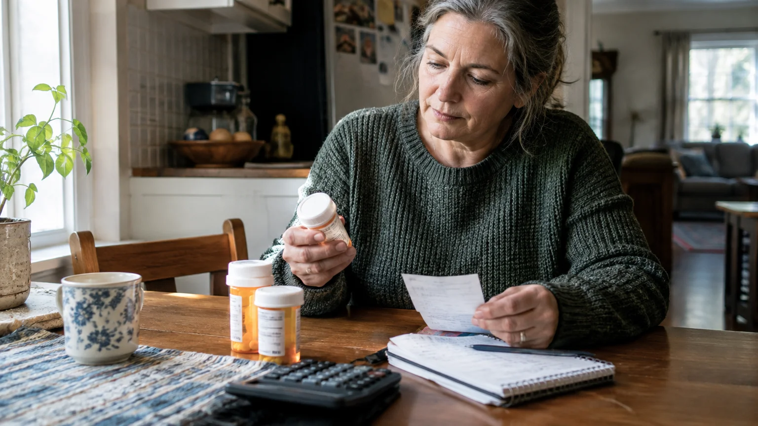 A woman sits at a table holding a prescription pill bottle and a paper slip next to a calculator and notebook.