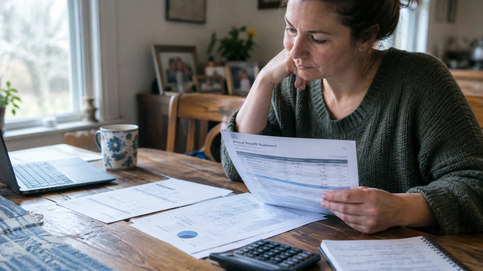 A woman sitting at a wooden table examines an annual benefit statement with a laptop and calculator nearby.